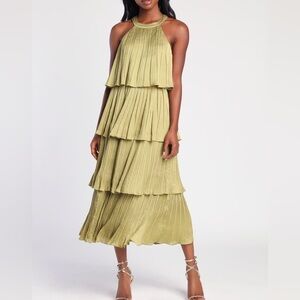 Tier Far Light Green Tiered Pleated Halter Midi Dress